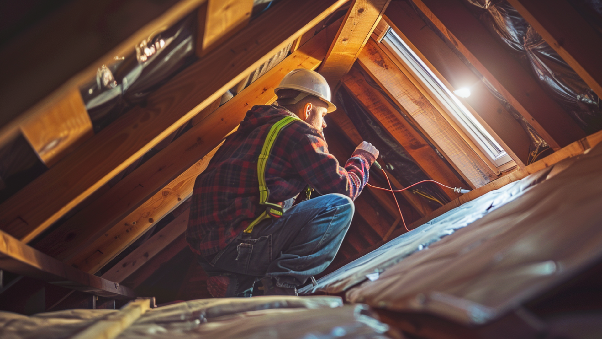 Create an image of an attic with proper ventilation, catch the details of a well-surrounded ventilation of attic and fixed floor, and a roofing construction worker fixing the installation in the attic.