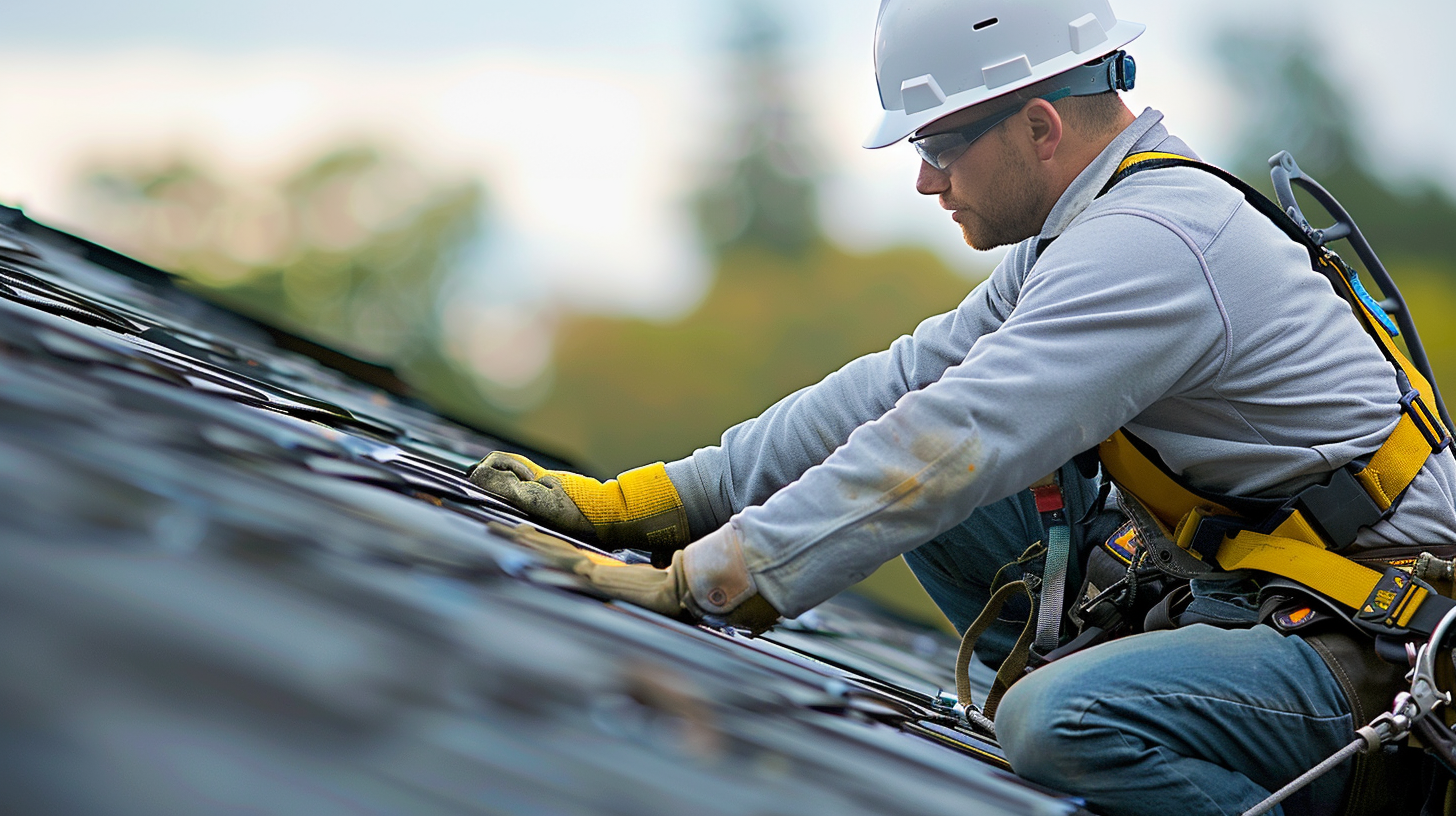 A professional roofer working on a roof, dressed in full safety gear.