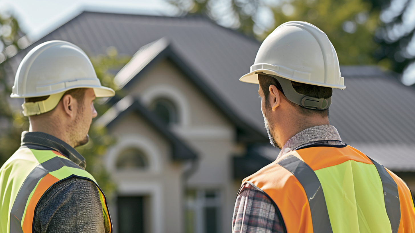 Two roofing contractors wearing white hard hats and high-visibility vests, on the background is a newly installed metal roof on a picturesque suburban home.