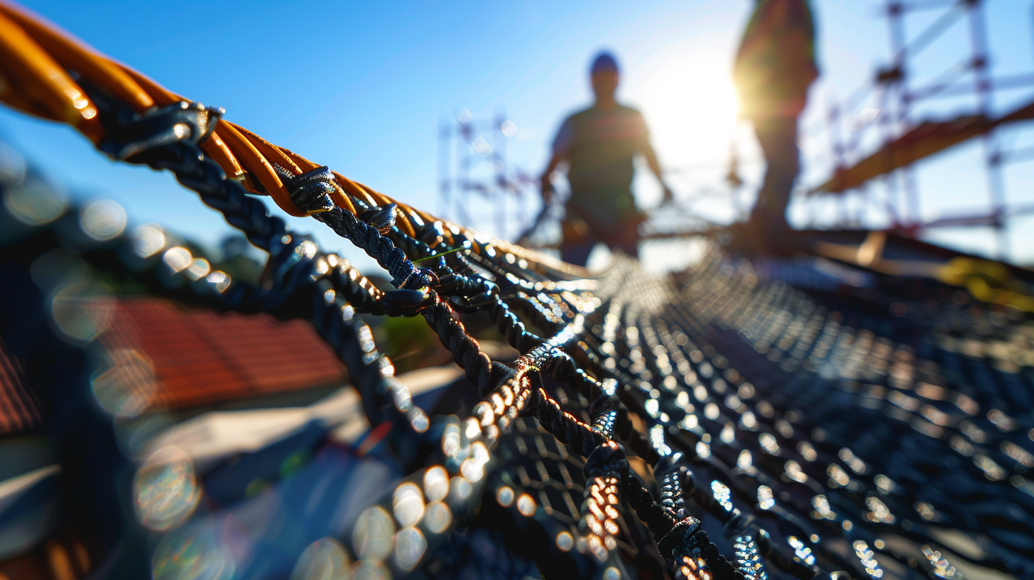 An image showcasing a safety net installed during roof construction.