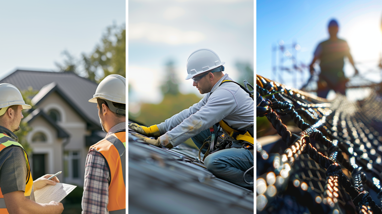 Two roofing contractors wearing white hard hats and high-visibility vests, a professional roofer working on a roof, dressed in full safety gear, and a safety net installed during roof construction.