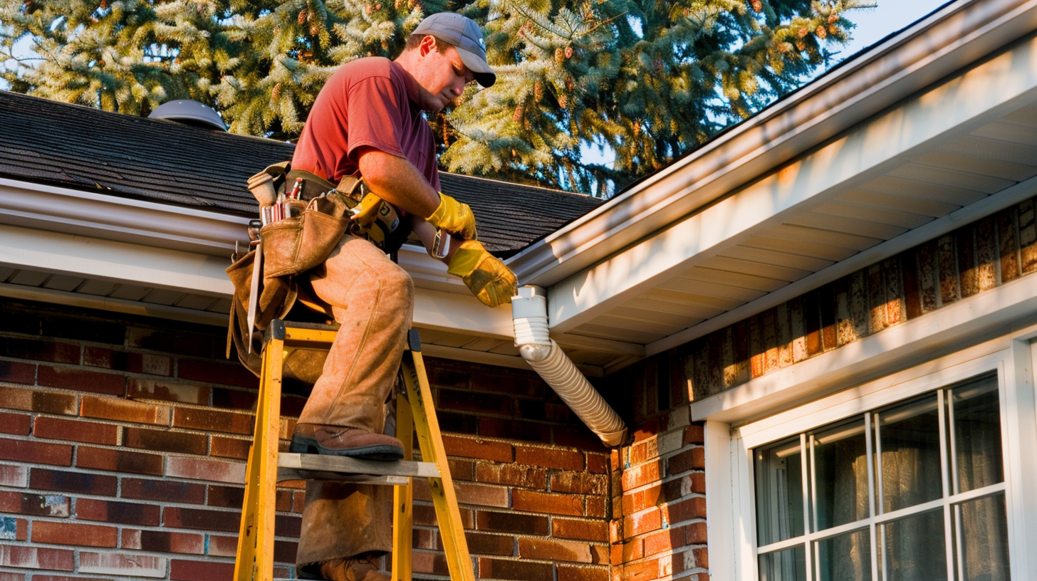 Roofers on a ladder outside a house installing gutters.