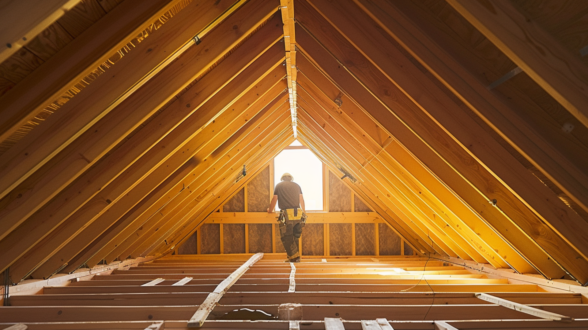 Crate an image of an attic with proper ventilation, catch the details of a well-surrounded ventilation of attic, and a roofing construction worker fixing the installation in the attic.