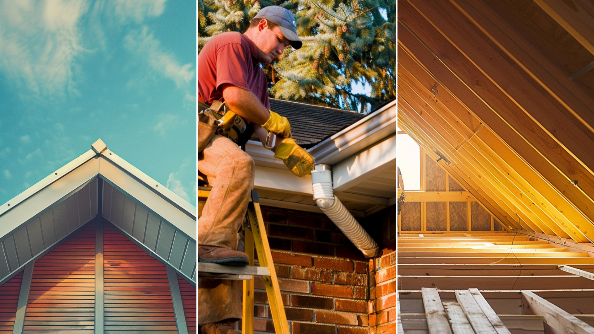 Crate an image of an attic with proper ventilation, catch the details of a well-surrounded ventilation of attic, and a roofing construction worker fixing the installation in the attic. Roofers on a ladder outside a house installing gutters. Roofers on a ladder outside a house installing gutters. A piece of triangular metal roof from a villa, a minimalistic and realistic image, shots from below.