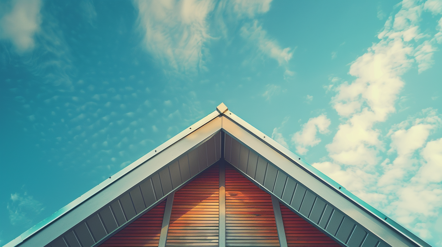 A piece of triangular metal roof from a villa, a minimalistic and realistic image, shots from below