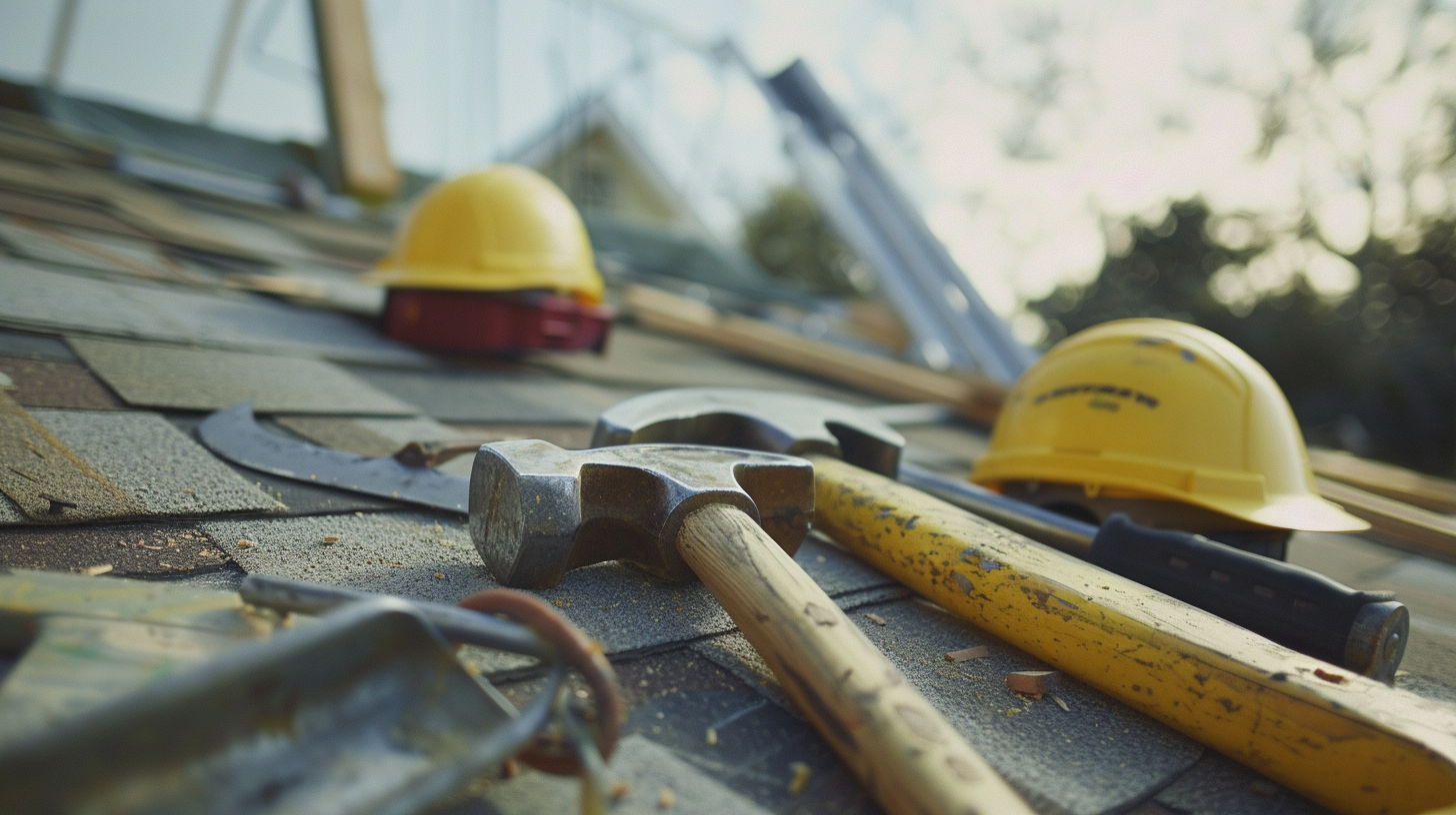 Hammers, a roofing shovel, hard hats, a circular saw, and roofing jacks at a roofing renovation site.