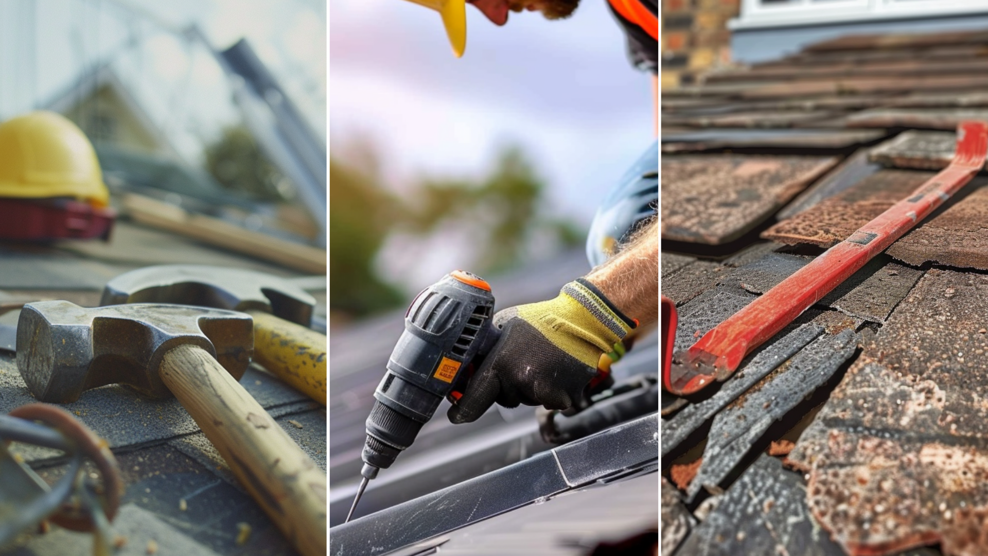 Hammers, a roofing shovel, hard hats, a circular saw, and roofing jacks at a roofing renovation site. A roofer holding a screwdriver drill on top of the roof, nailing screws; he is wearing safety gloves. a flat ply bar used to remove old roof.