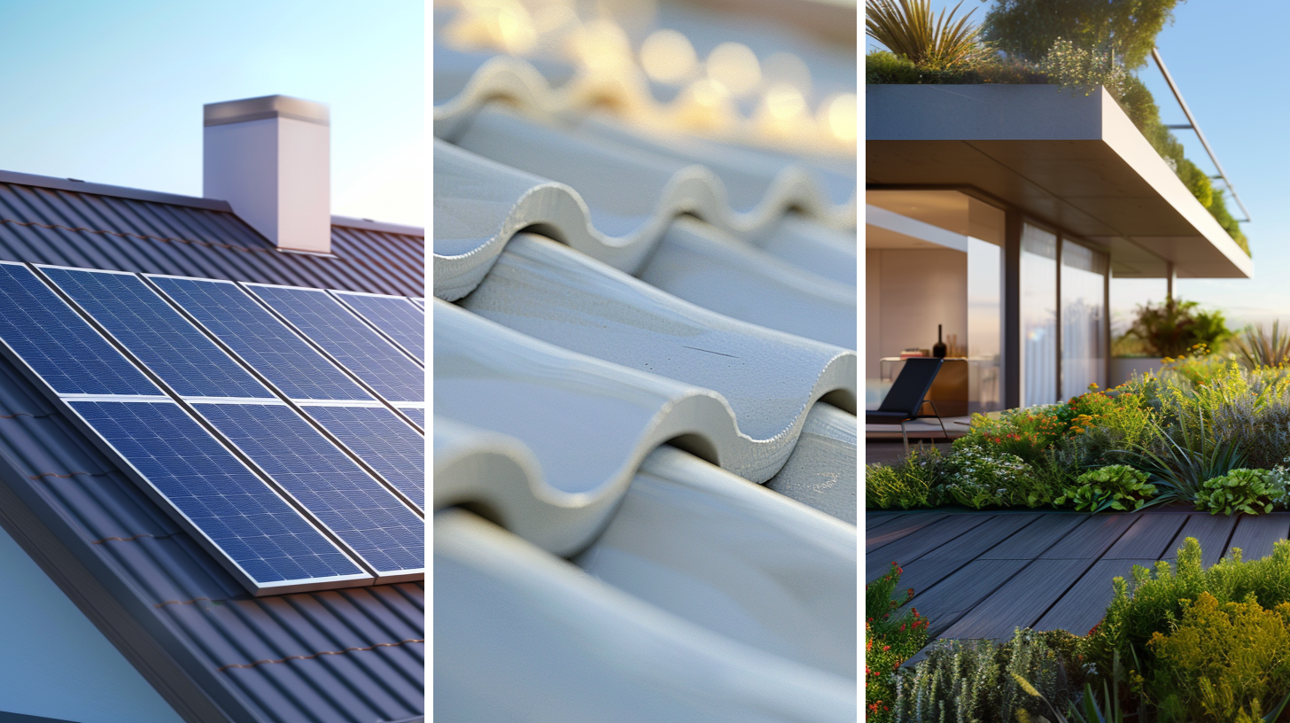 A residential home with solar panels on the roof, a close-up shot of a cool roof, and a roof deck full of vegetation which is called green roofing.