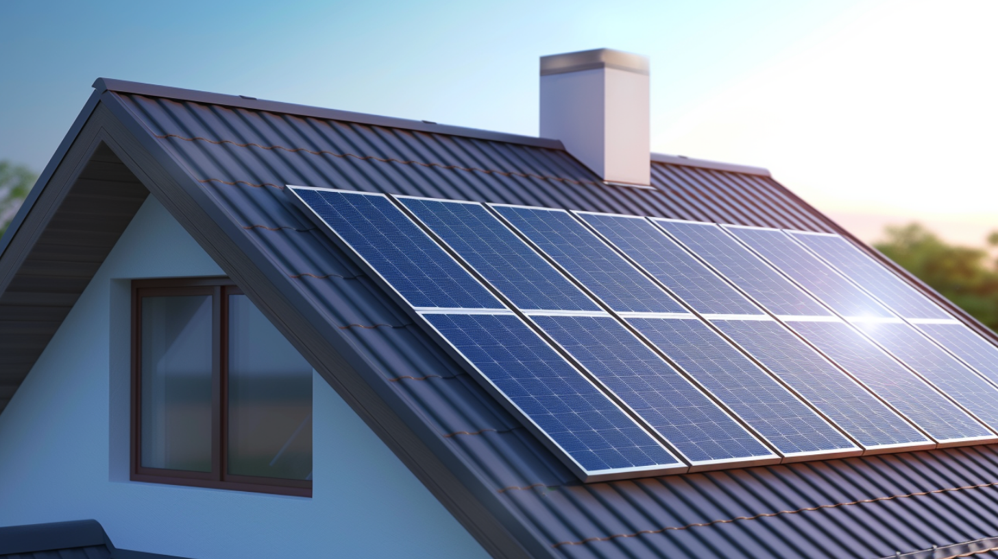 A residential home with solar panels on the roof.