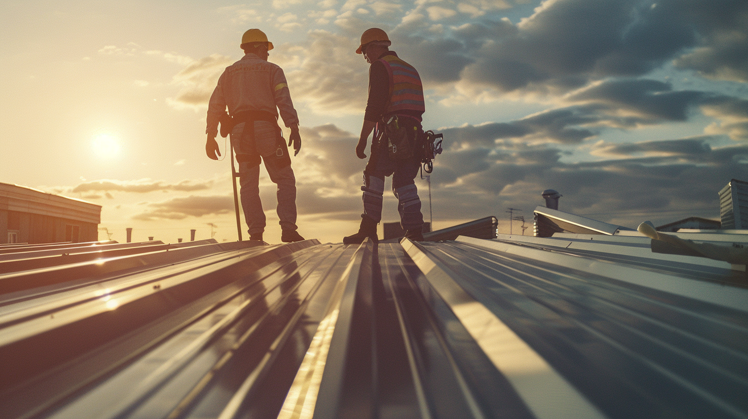 A photograph of two sheet metal workers, wearing safety gear, actively installing a metal roof.