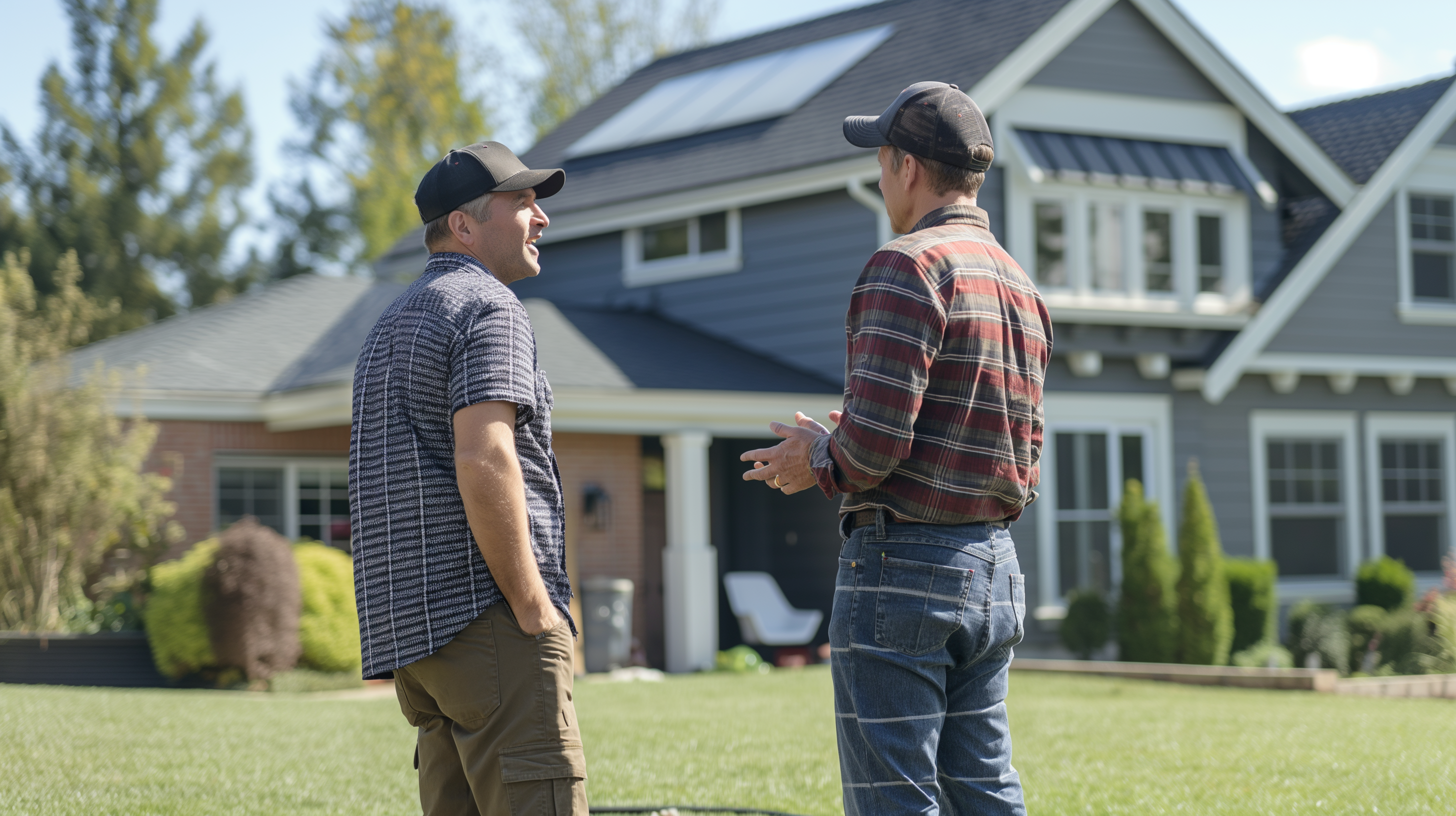 A reliable roofing contractor is talking to the homeowner standing on the lawn in front of the house that has skylights on the roof. The atmosphere includes collaboration and consultation, highlighting the home improvement process and a friendly yet focused exchange between the two characters.