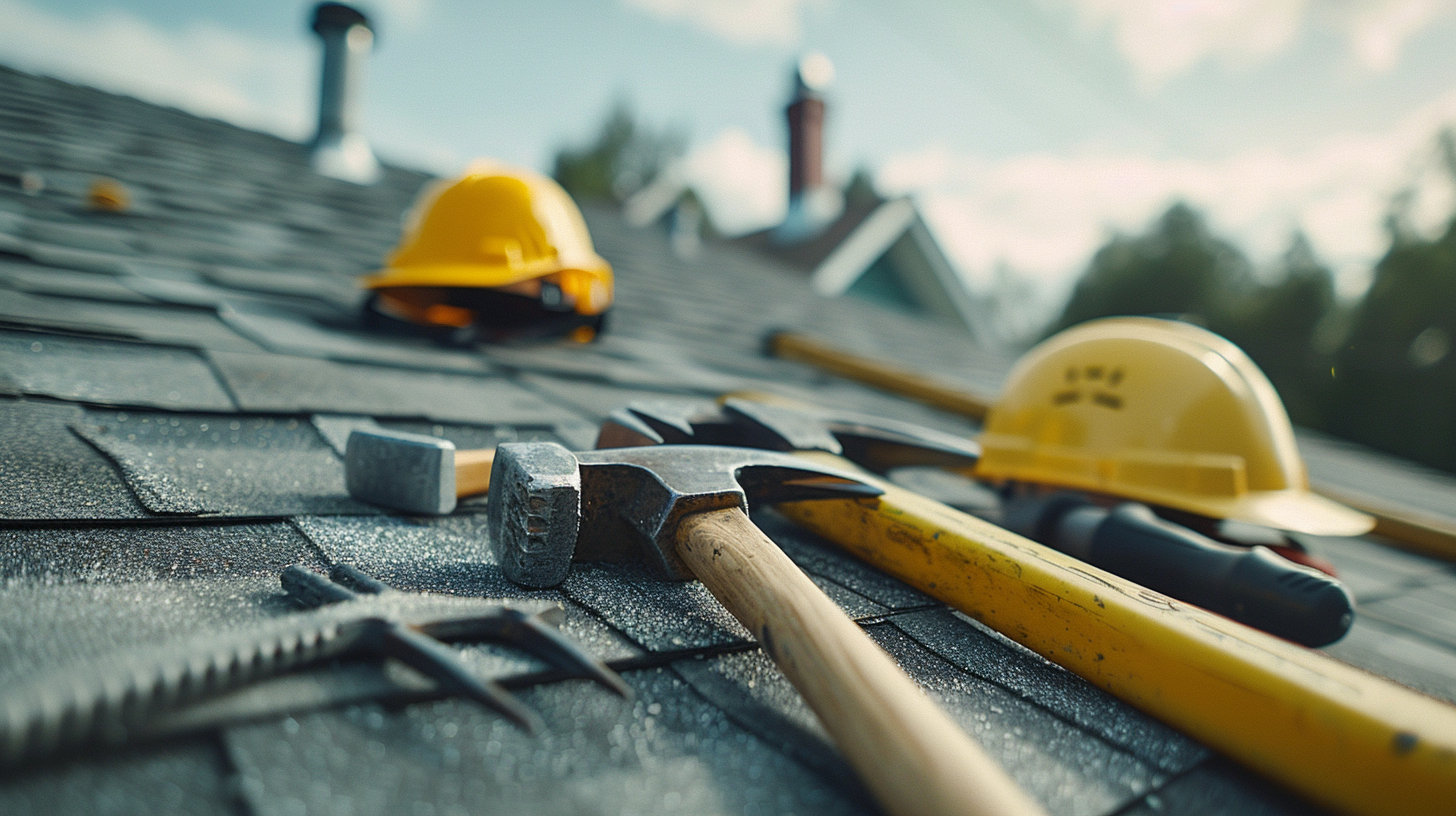 Hammers, a roofing shovel, hard hats, a circular saw, and roofing jacks at a roofing renovation site.