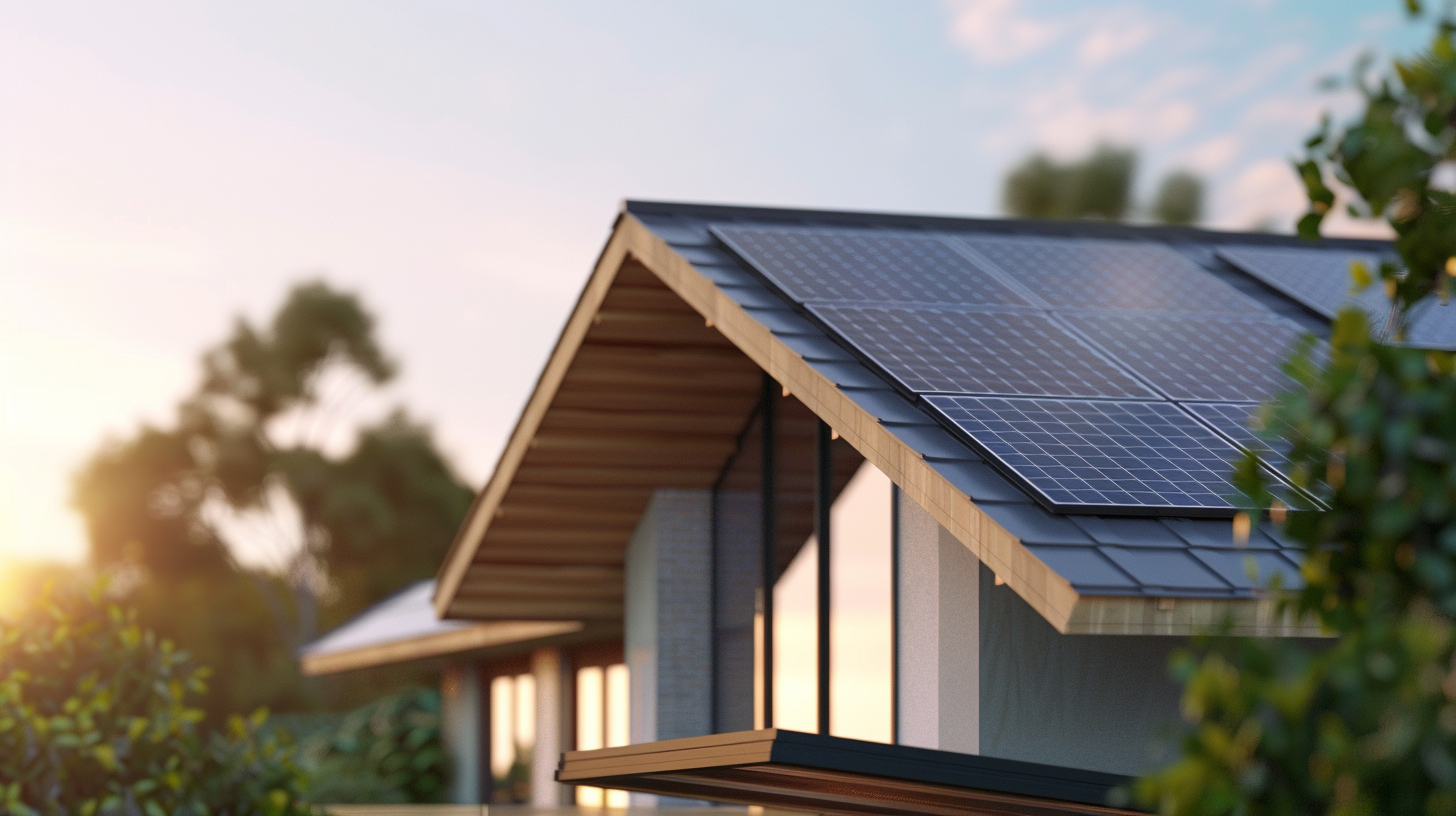 Hyper-realistic photo of monocrystalline solar panels on the roof of a house.