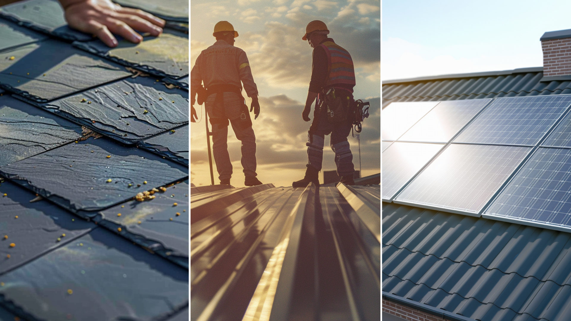 A photograph of two sheet metal workers, wearing safety gear, actively installing a metal roof. A photo of monocrystalline solar panels on the roof of a house. an image of a roofing constructor that is fixing a slate roof of a house.