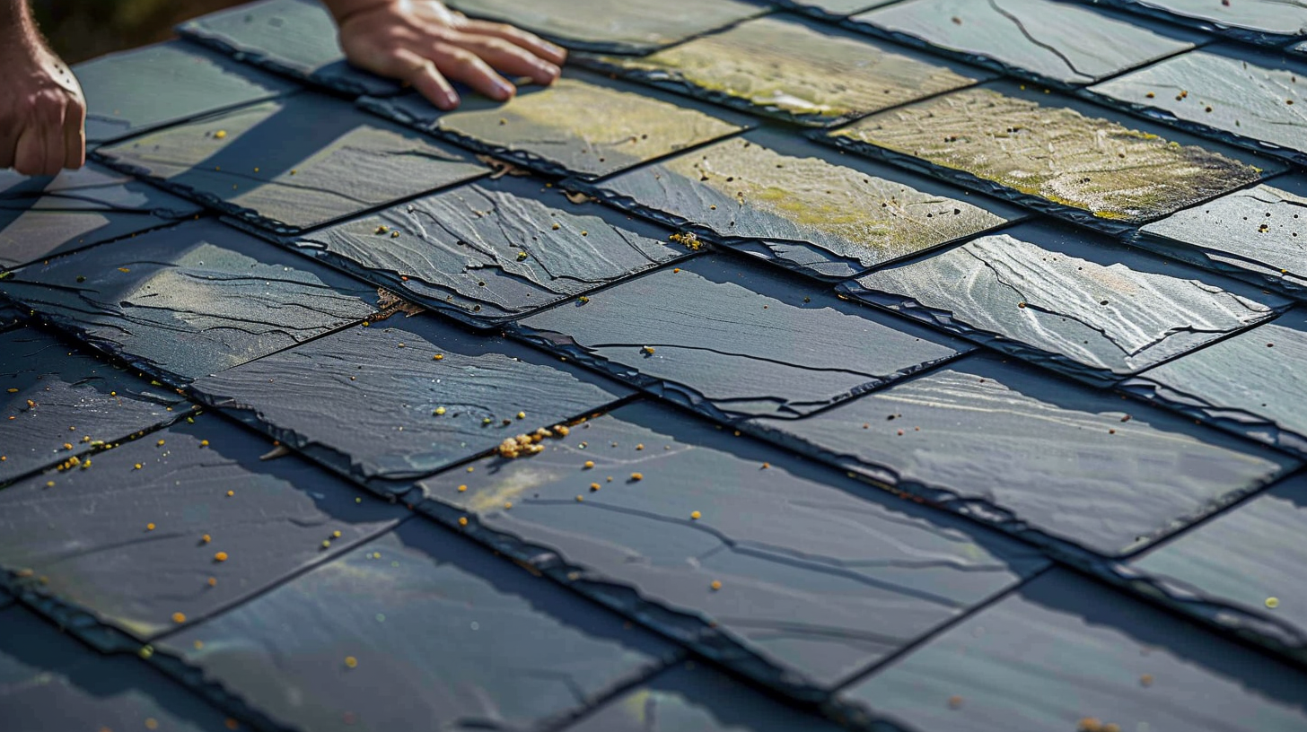 an image of a roofing constructor that is fixing a slate roof of a house.