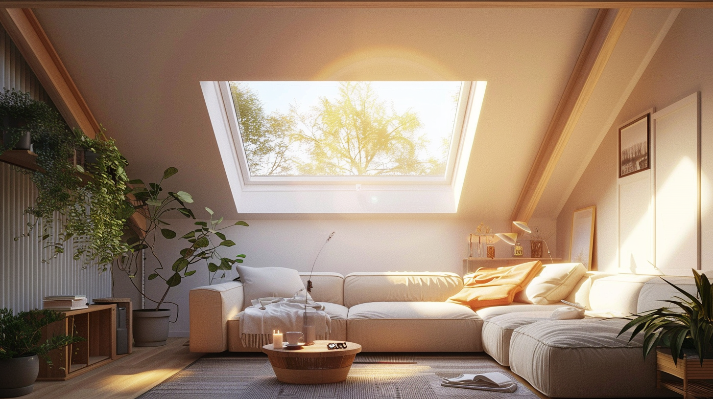 A cozy living room in a modern house. Its roof has a skylight in the middle of the living room that blends with a window, covering a big part of the roof. This skylight has unique borders and is built into the design, giving you a clear view of the sky, flooding the room with sunlight, and making you feel connected to nature outside.