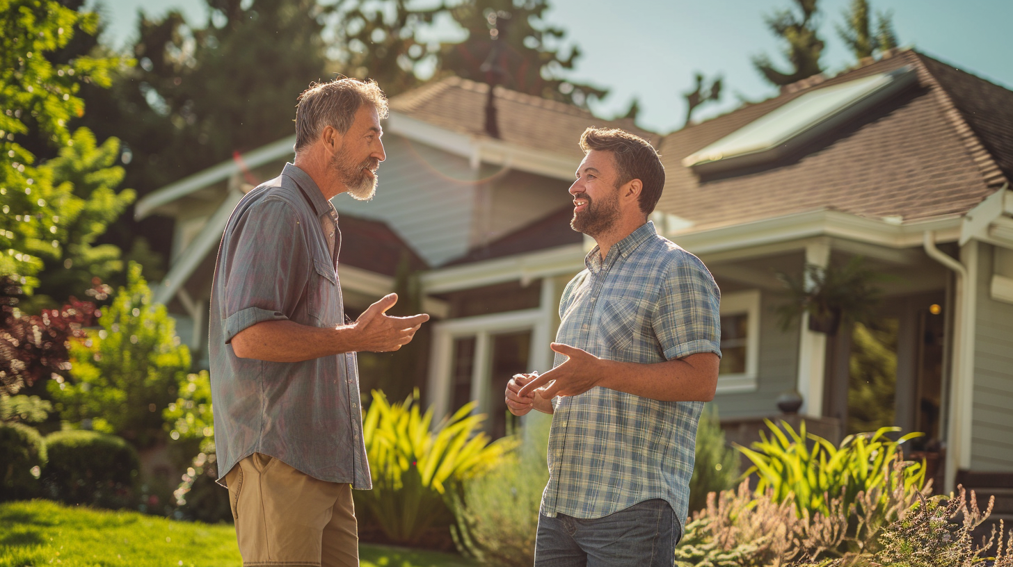 A reliable roofing contractor is talking to the homeowner standing on the lawn in front of the house that has skylights on the roof. The atmosphere includes collaboration and consultation, highlighting the home improvement process and a friendly yet focused exchange between the two characters.