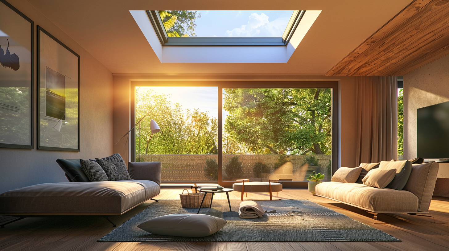 A cozy living room in a modern house. Its roof has a skylight in the middle of the living room that blends with a window, covering a big part of the roof. This skylight has unique borders and is built into the design, giving you a clear view of the sky, flooding the room with sunlight, and making you feel connected to nature outside.