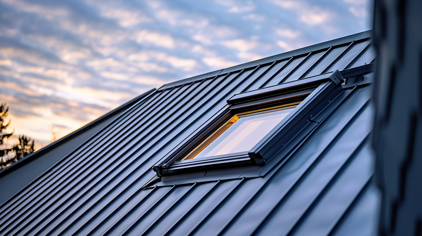 create a top view image of a close up image of a modernized sloped roof with a skylight