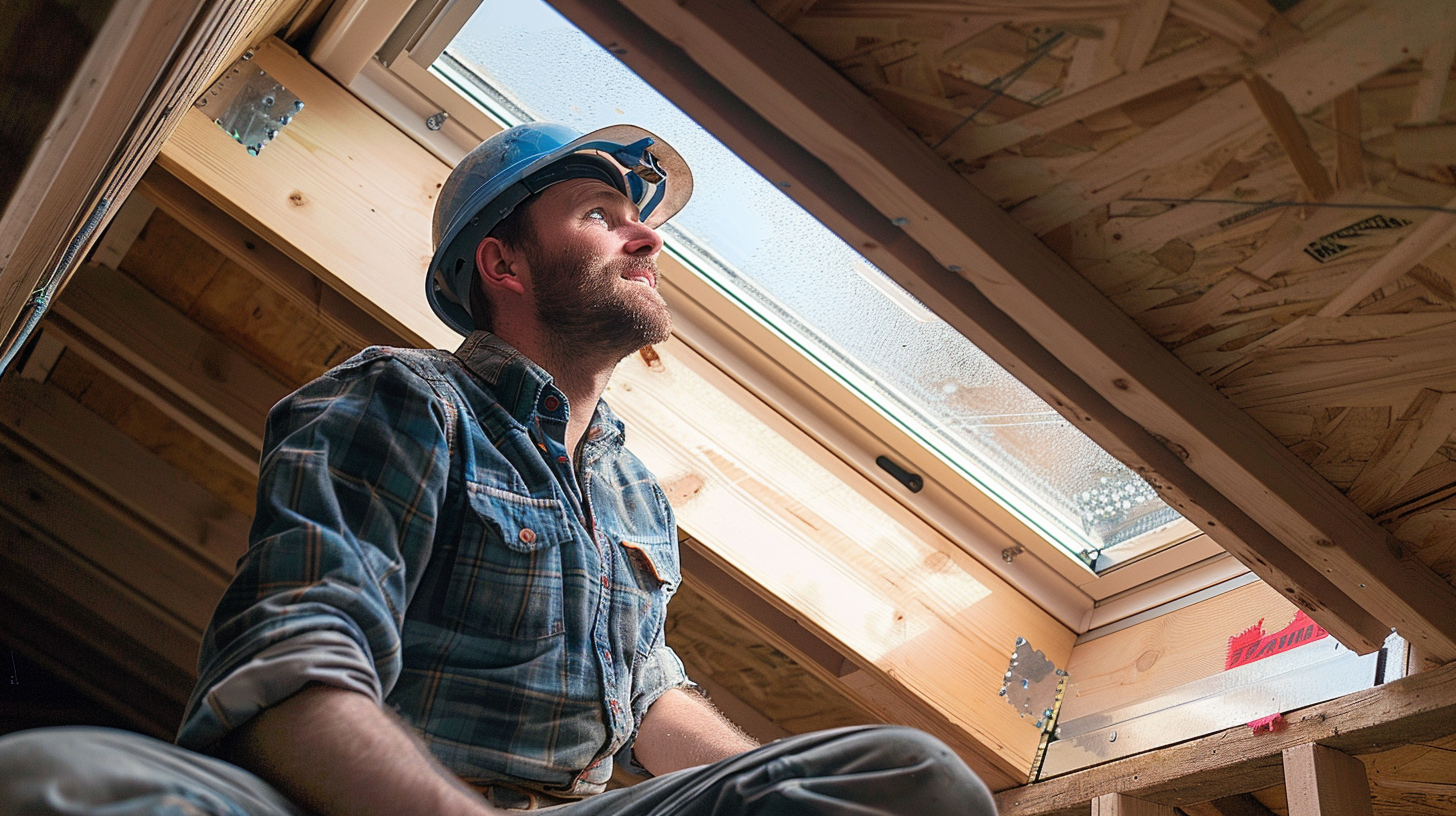 contractor installing a skylight in the attic