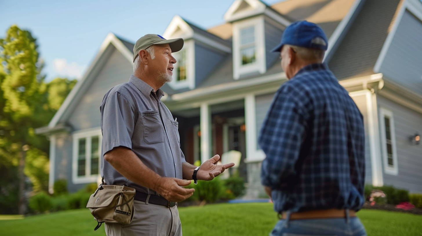 A vinyl siding contractor and a client talking outside the house.