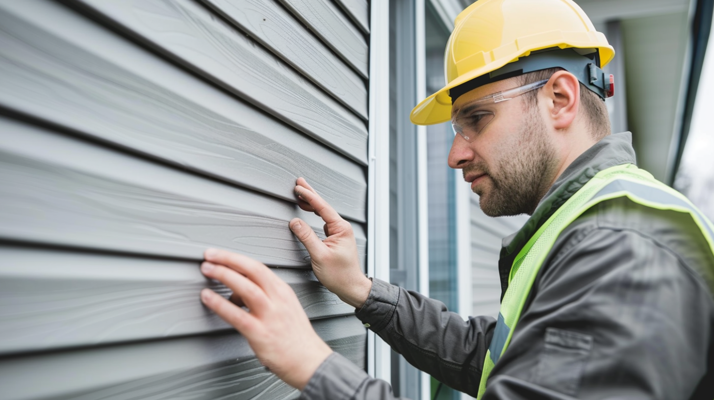 A contractor inspecting the installed vinyl siding.