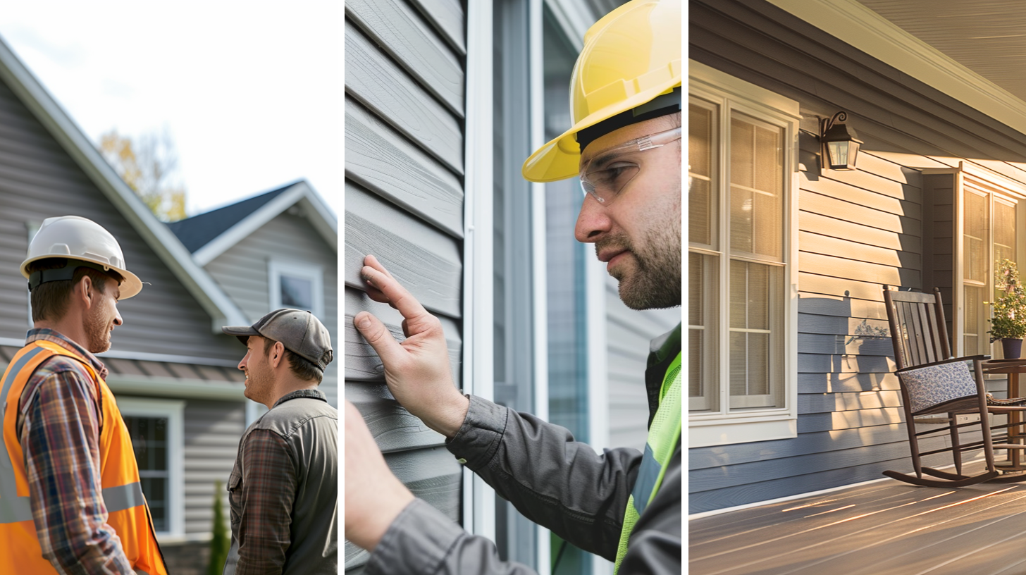 An image of a siding contractor engaged in a conversation with the homeowner, a contractor inspecting the installed vinyl siding, and an image of a porch showcasing the aesthetics of vinyl siding. 