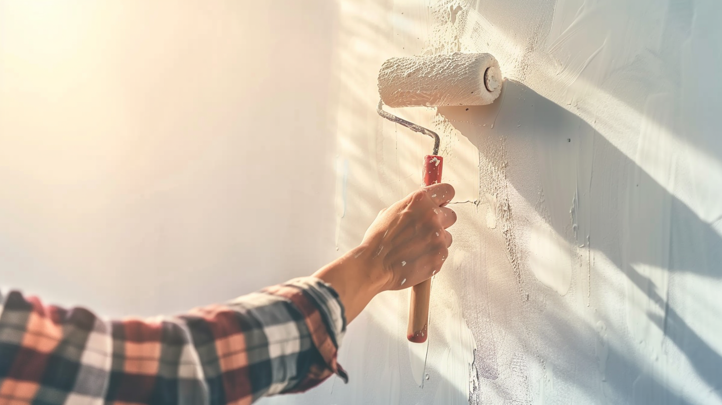 Image of a hand worker holding a brush painting roller white on the wall of the house, DIY, and repair concept. The overall color scheme is soft and bright white studio light