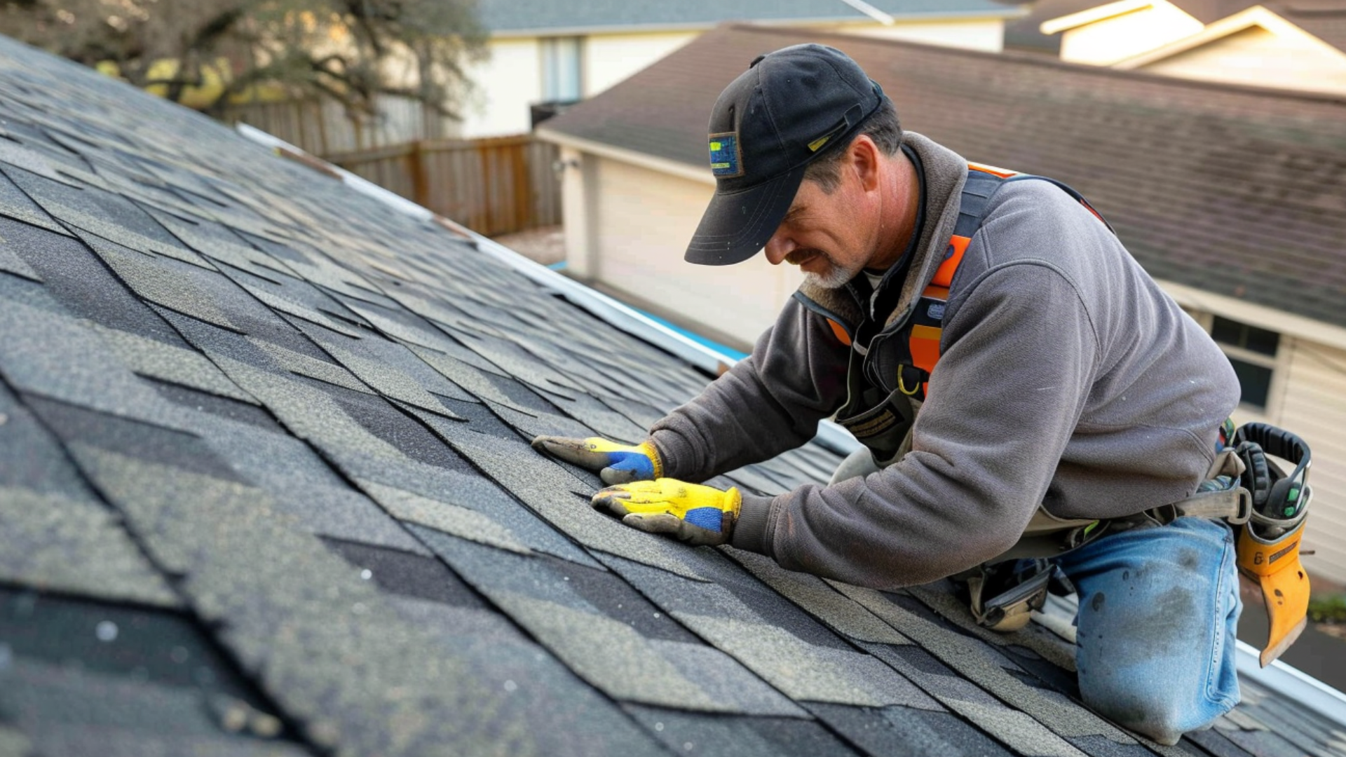 A roofing contractor installing an asphalt shingle.