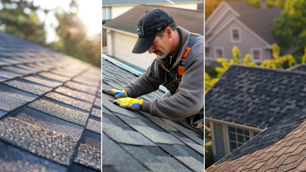 A type of asphalt shingle is installed in a roof. A roofing contractor installing an asphalt shingle. An asphalt roofing was installed in a home in TX.