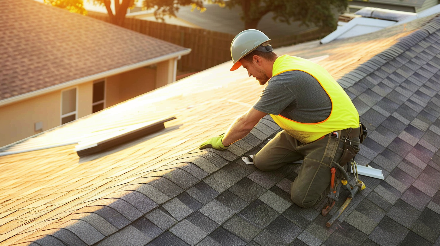 A roofer is installing asphalt shingles in the residential area of Texas.