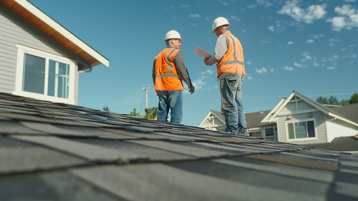 Two skilled roofing contractors, identifiable by their white hard hats and high-visibility vests, are admiring a newly installed asphalt shingles roof on a picturesque suburban home .