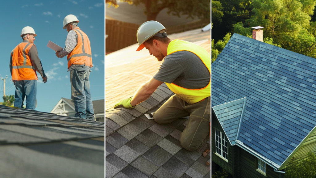 Two skilled roofing contractors, identifiable by their white hard hats and high-visibility vests, are admiring a newly installed asphalt shingles roof on a picturesque suburban home. A shingled roof on a expensive modern style home in texas. a background image for a roofing website. A roofer is installing asphalt shingles in the residential area of Texas.