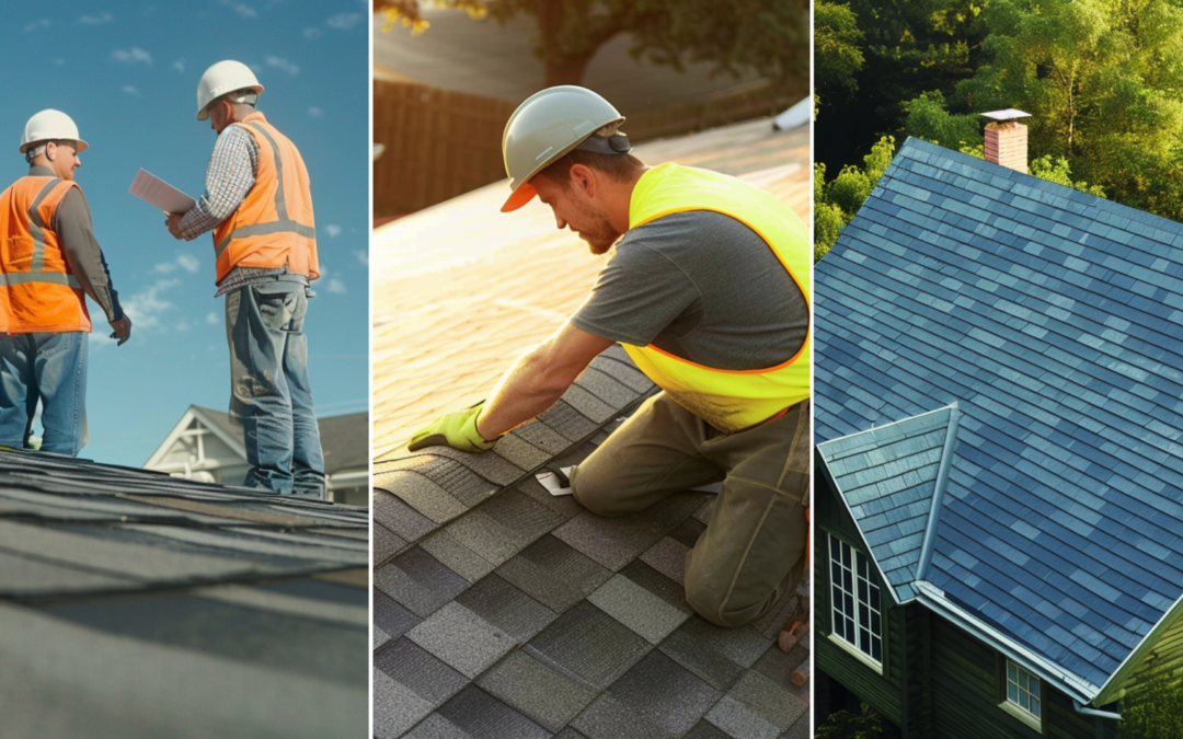 Two skilled roofing contractors, identifiable by their white hard hats and high-visibility vests, are admiring a newly installed asphalt shingles roof on a picturesque suburban home. A shingled roof on a expensive modern style home in texas. a background image for a roofing website. A roofer is installing asphalt shingles in the residential area of Texas.