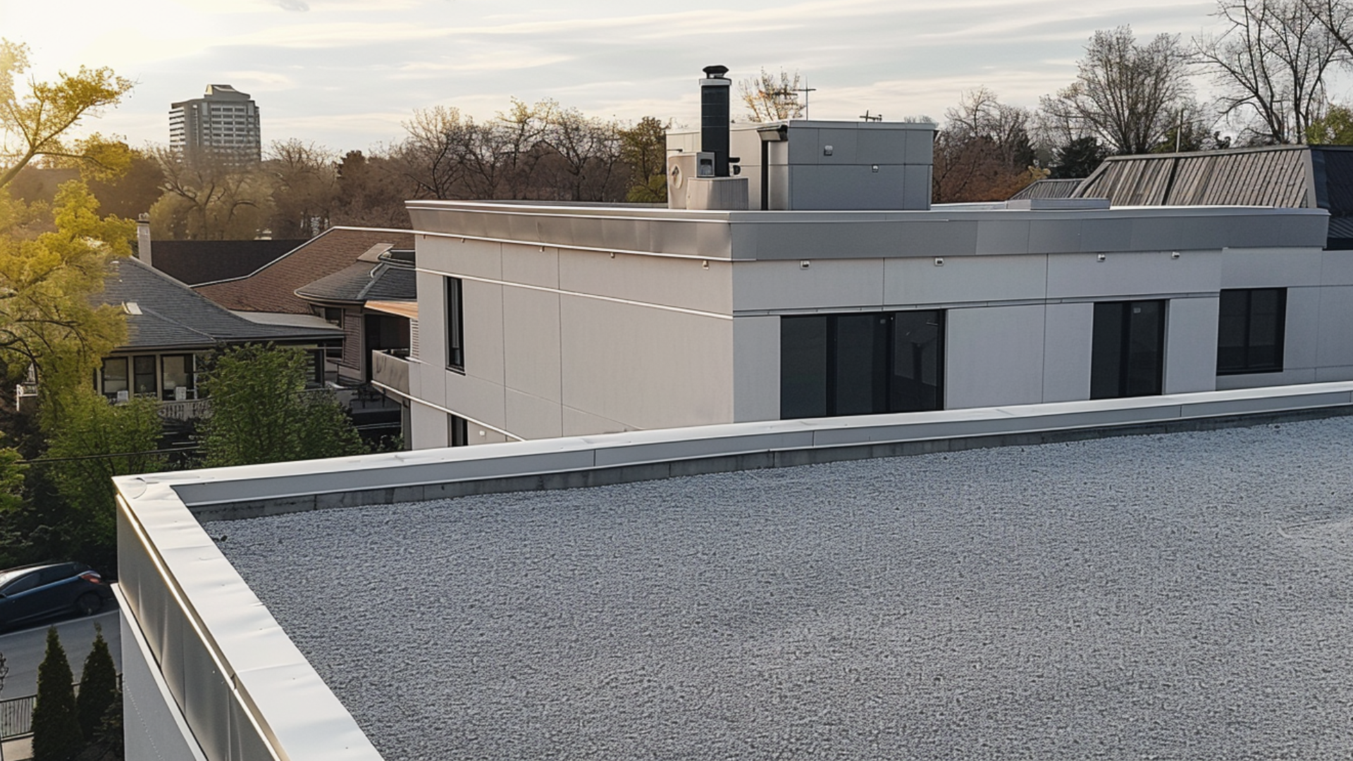 A gravel roof in a commercial bulding.