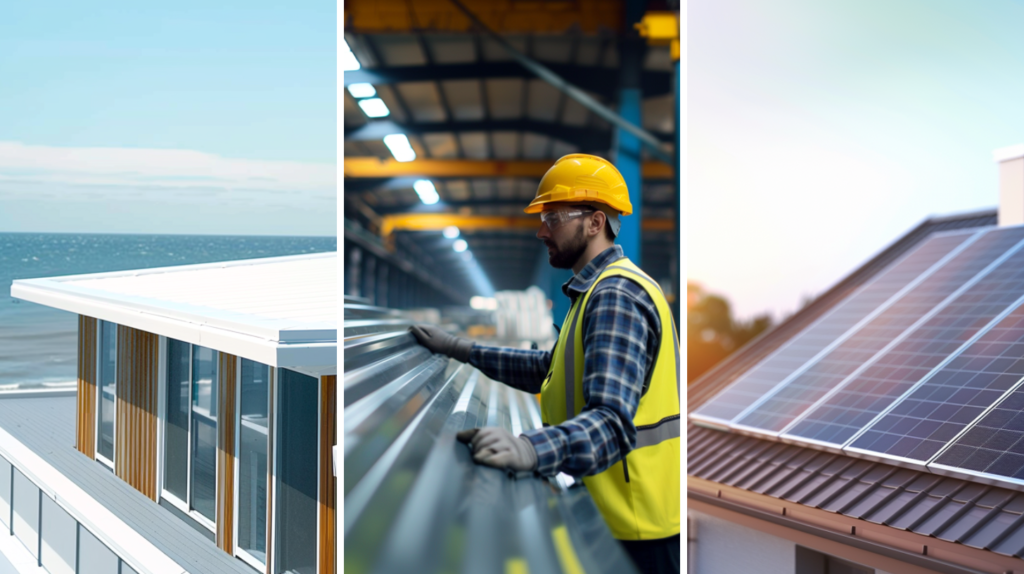 A cool roof which is a type of eco-roofing, a manufacturing worker processing and checking a recycled metal roof, and a solar roof which is a type of eco-roofing.