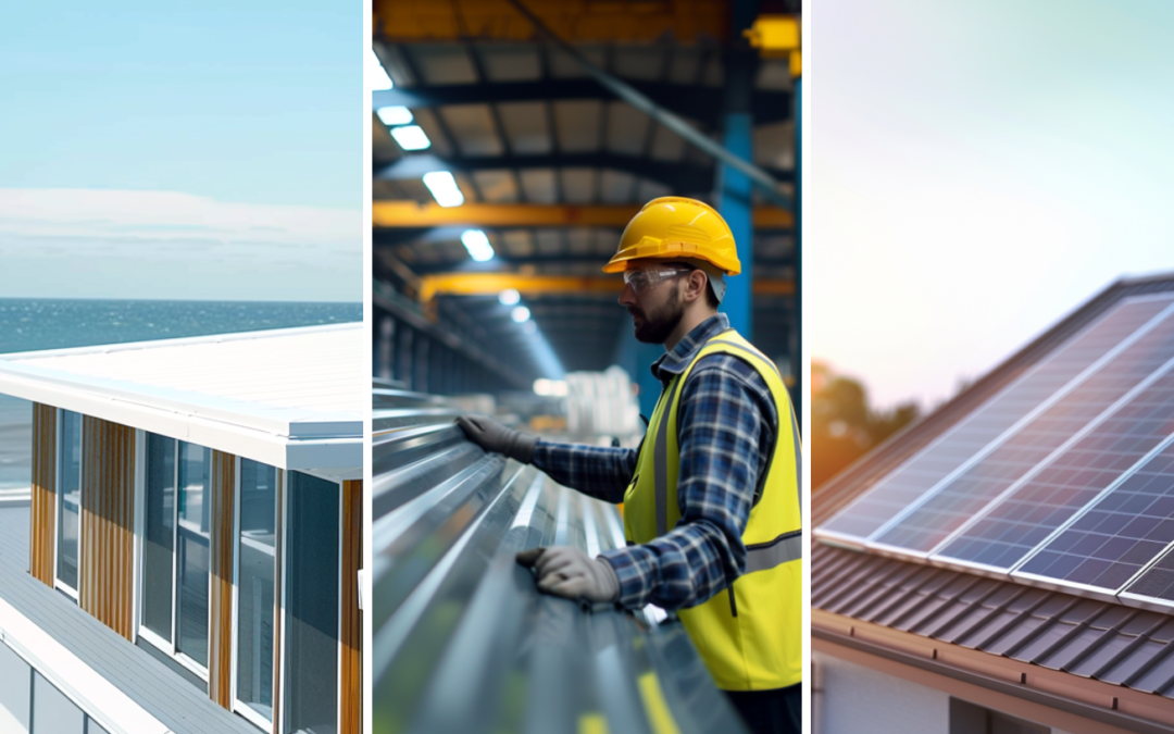 A cool roof which is a type of eco-roofing, a manufacturing worker processing and checking a recycled metal roof, and a solar roof which is a type of eco-roofing.