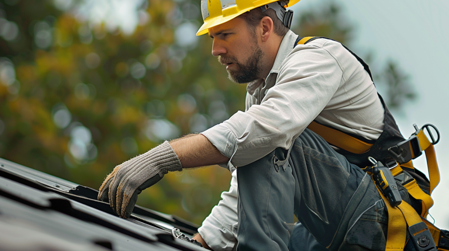 A roofer wearing safety gloves while working on a residential roof.