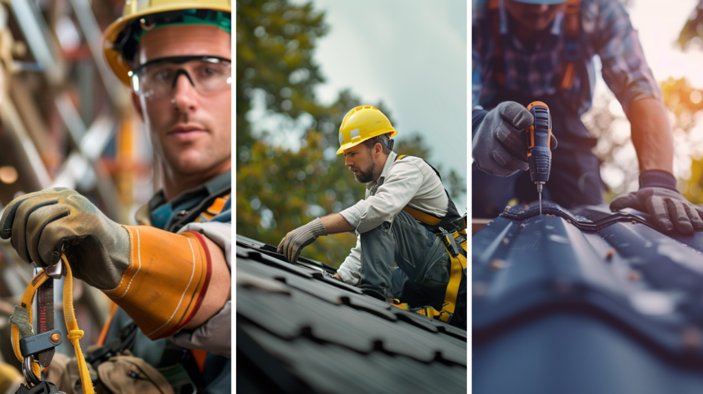 A roofing contractor wearing a safety gloves at work to ensure safety, a roofer wearing safety gloves while working on a residential roof, and a professional roofer who is wearing a safety gloves while installing a metal roof.