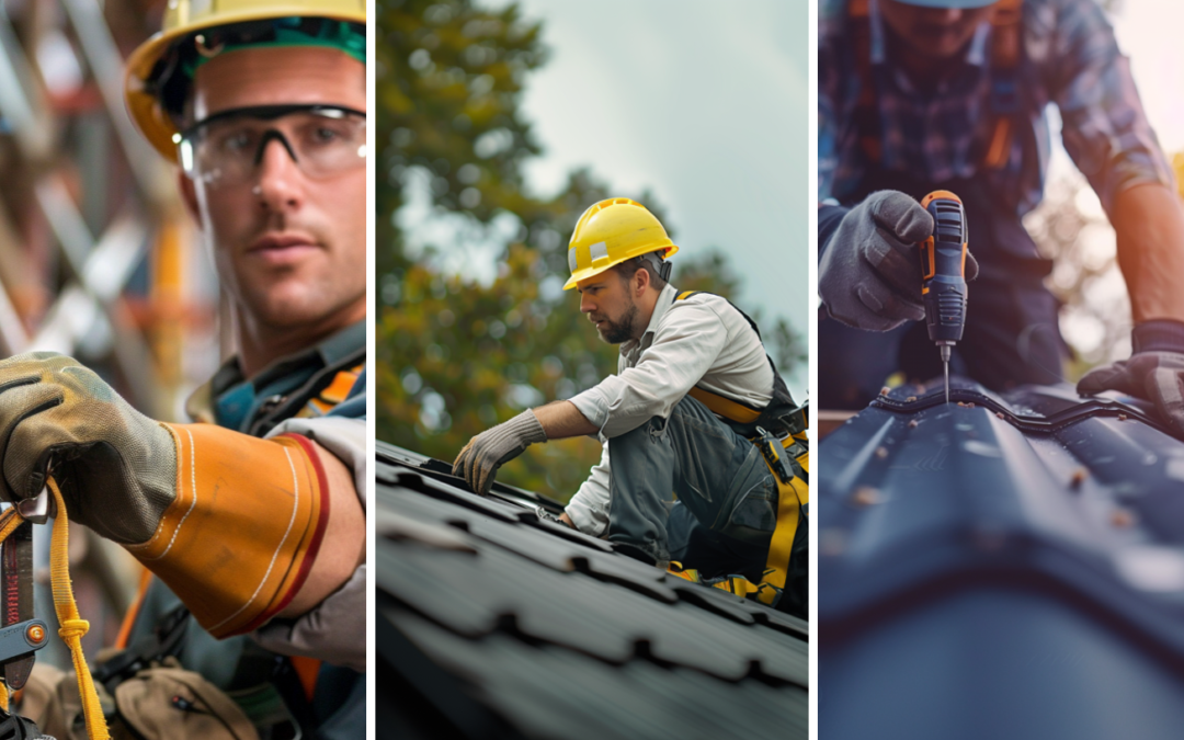 A roofing contractor wearing a safety gloves at work to ensure safety, a roofer wearing safety gloves while working on a residential roof, and a professional roofer who is wearing a safety gloves while installing a metal roof.