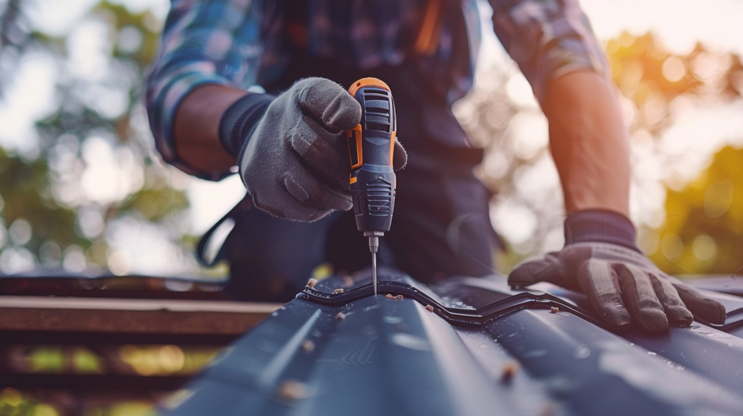 A professional roofer who is wearing a safety gloves while installing a metal roof.