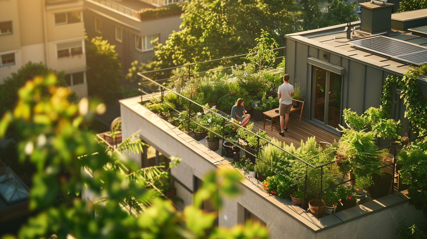 A rooftop garden on an eco-friendly home, with a family enjoying a leisurely afternoon. The garden is lush with various plants showcasing sustainable living. The scene includes solar panels integrated into the rooftop design, emphasizing the home's commitment to renewable energy.