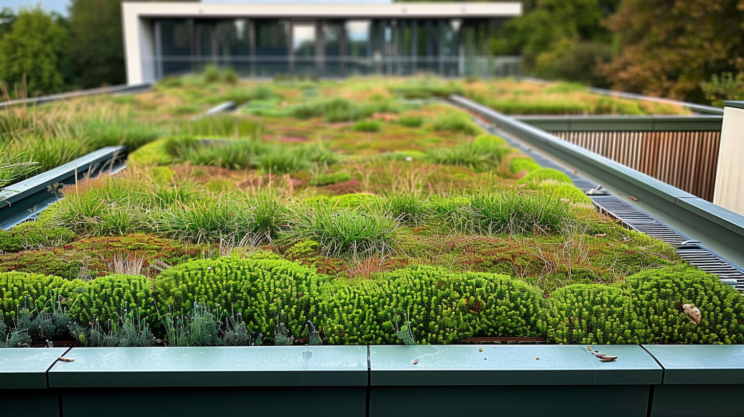 Green roof of a commercial building, including ventilation for the building.