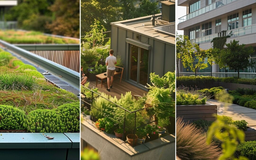 Green roof of a commercial building, including ventilation for the building. A rooftop garden on an eco-friendly home, with a family enjoying a leisurely afternoon. The garden is lush with various plants showcasing sustainable living. The scene includes solar panels integrated into the rooftop design, emphasizing the home's commitment to renewable energy. Green garden at the rooftop of a commercial building.