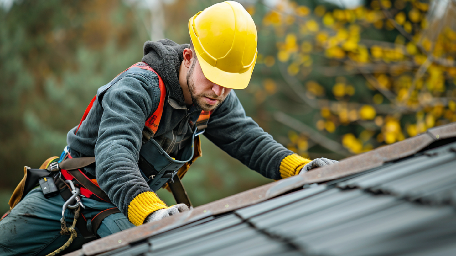 A roofer working on a residential roof is wearing protective gears including a hard hat.