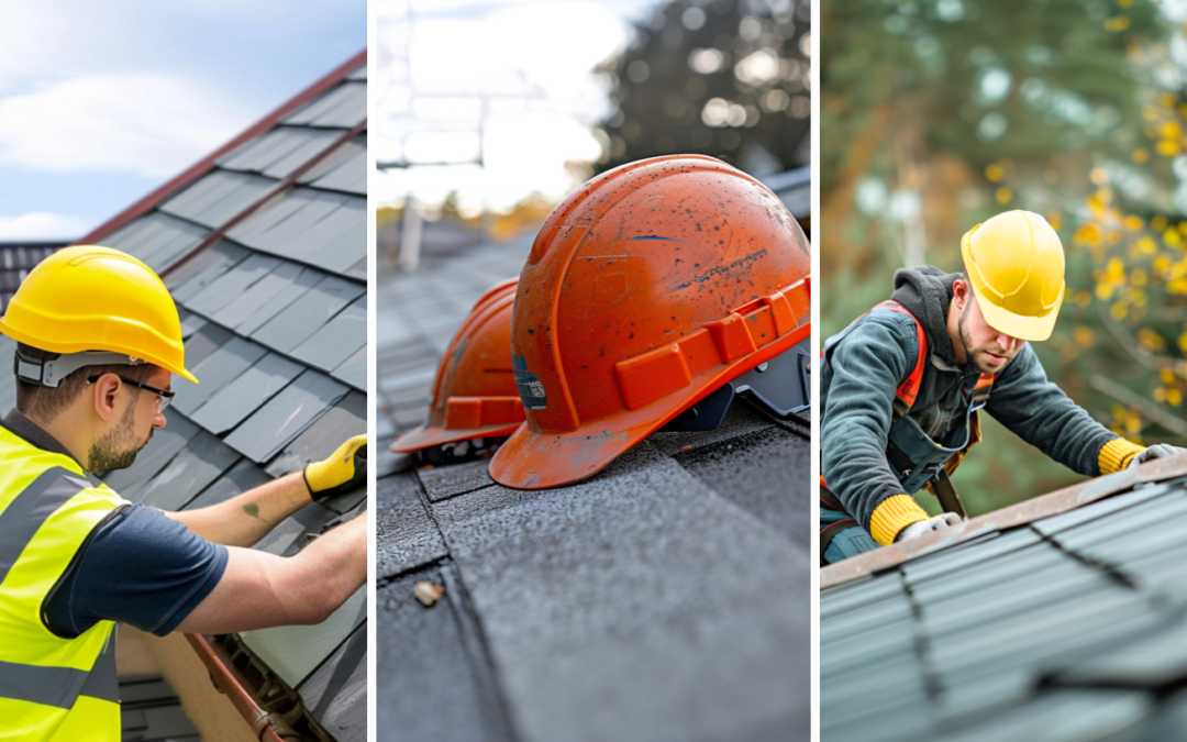 A professional roof contractor wearing a hard hat, a close-up image of hard hats, showcasing its importance to safety, and a roofer working on a residential roof is wearing protective gears including a hard hat.