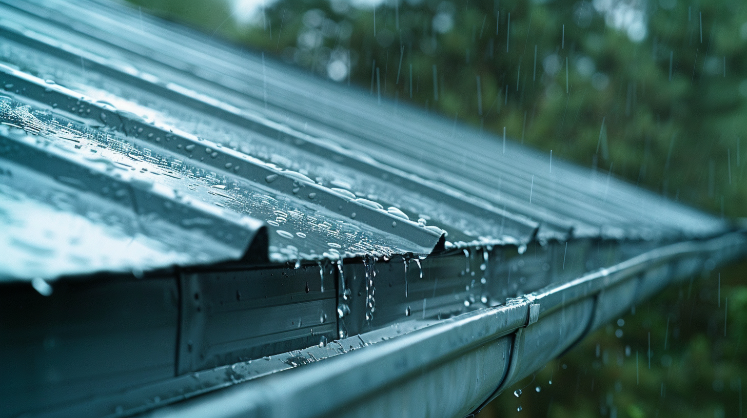 An image of a metal roof during heavy rain storm showcasing durability.