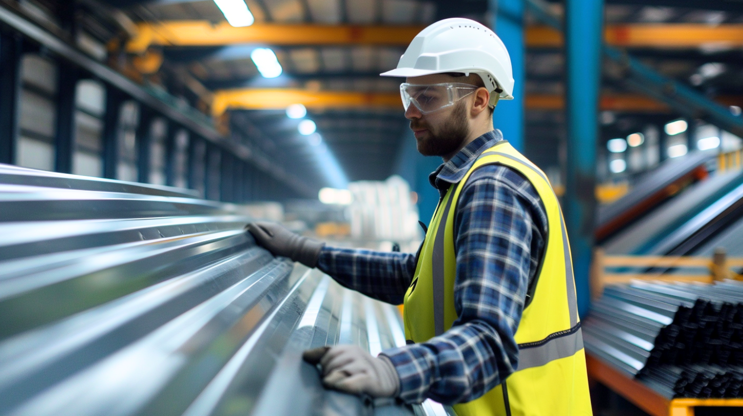 An image of a roof manufacturing worker inspecting the roof metal panels during the recycling process.