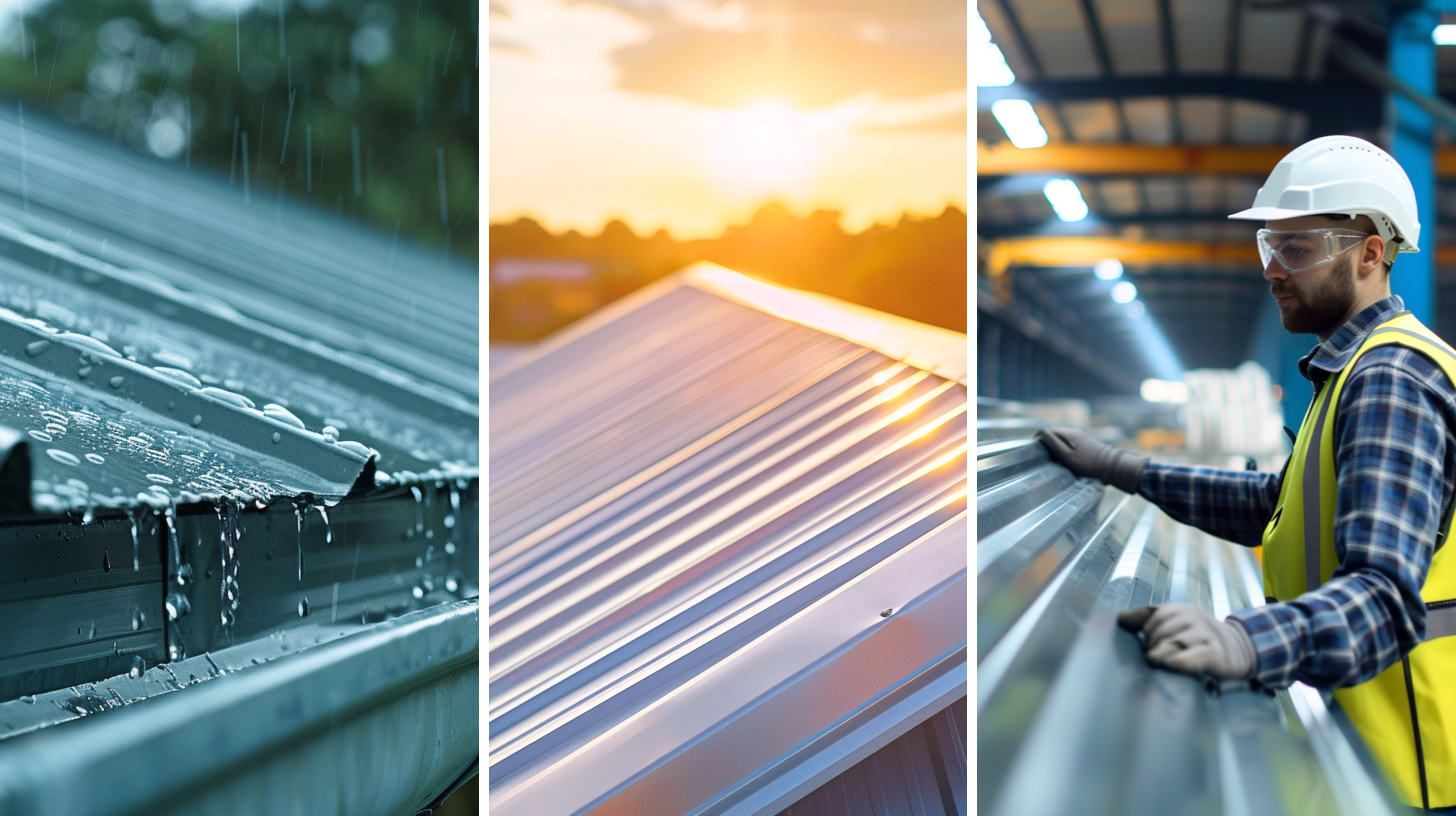 An image of a metal roof during heavy rain storm showcasing durability, an image of a cool roof showcasing its energy-efficient property, and a roof manufacturing worker inspecting the roof metal panels during the recycling process.