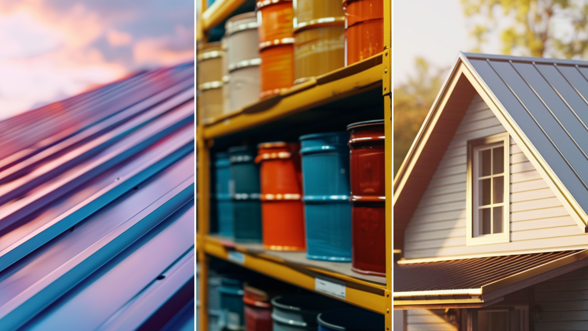 A newly installed roof shingles. </p> <p>A modern house with steel roof. </p> <p>A bucket of paints inside the warehouse. 